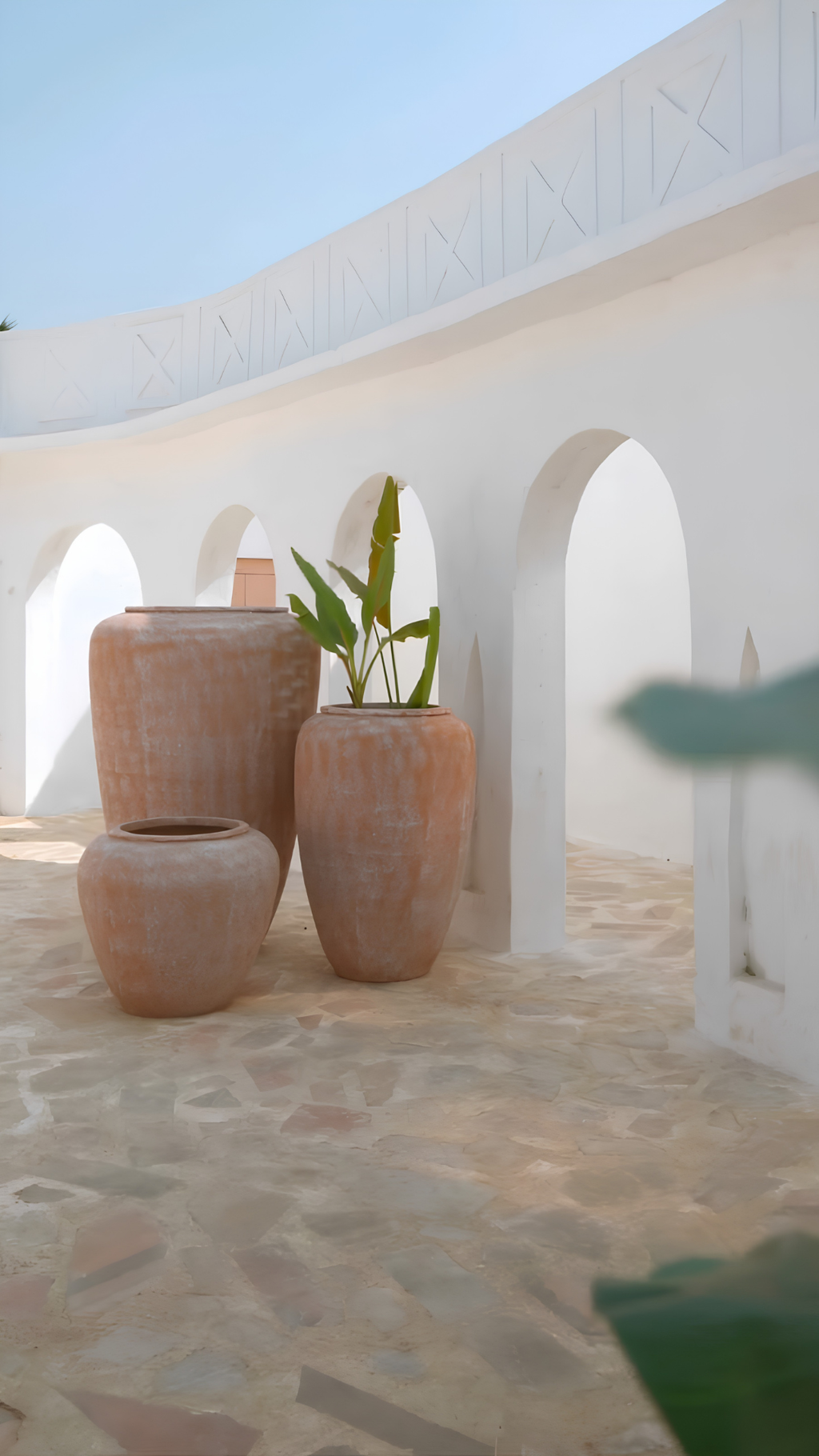Three terracotta planters in varying sizes arranged on a stone patio in front of a white stucco building with arches under a blue sky.