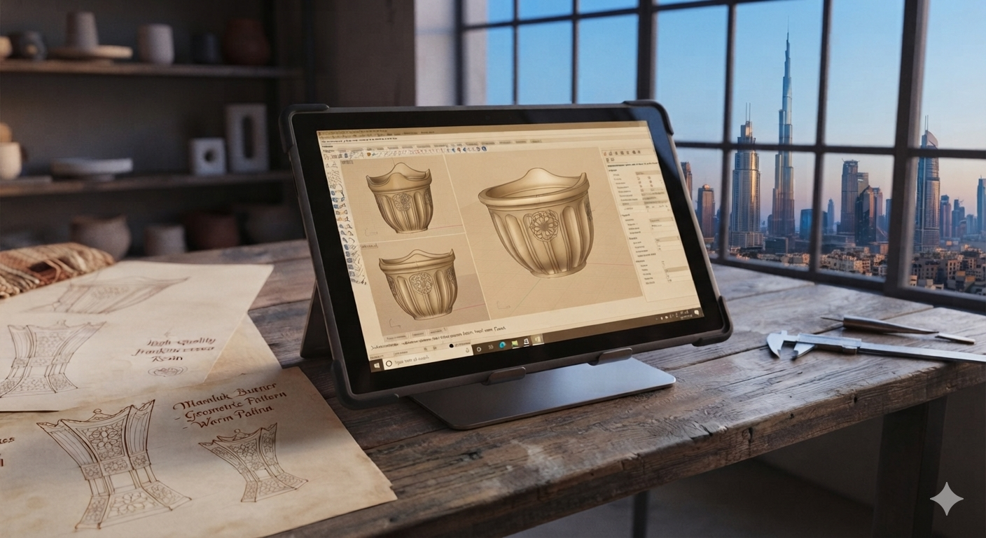 A tablet on a rustic wooden workbench displaying 3D renders of a ceramic vessel, with sketch drawings and tools nearby and a city skyline visible through a large window in the background.