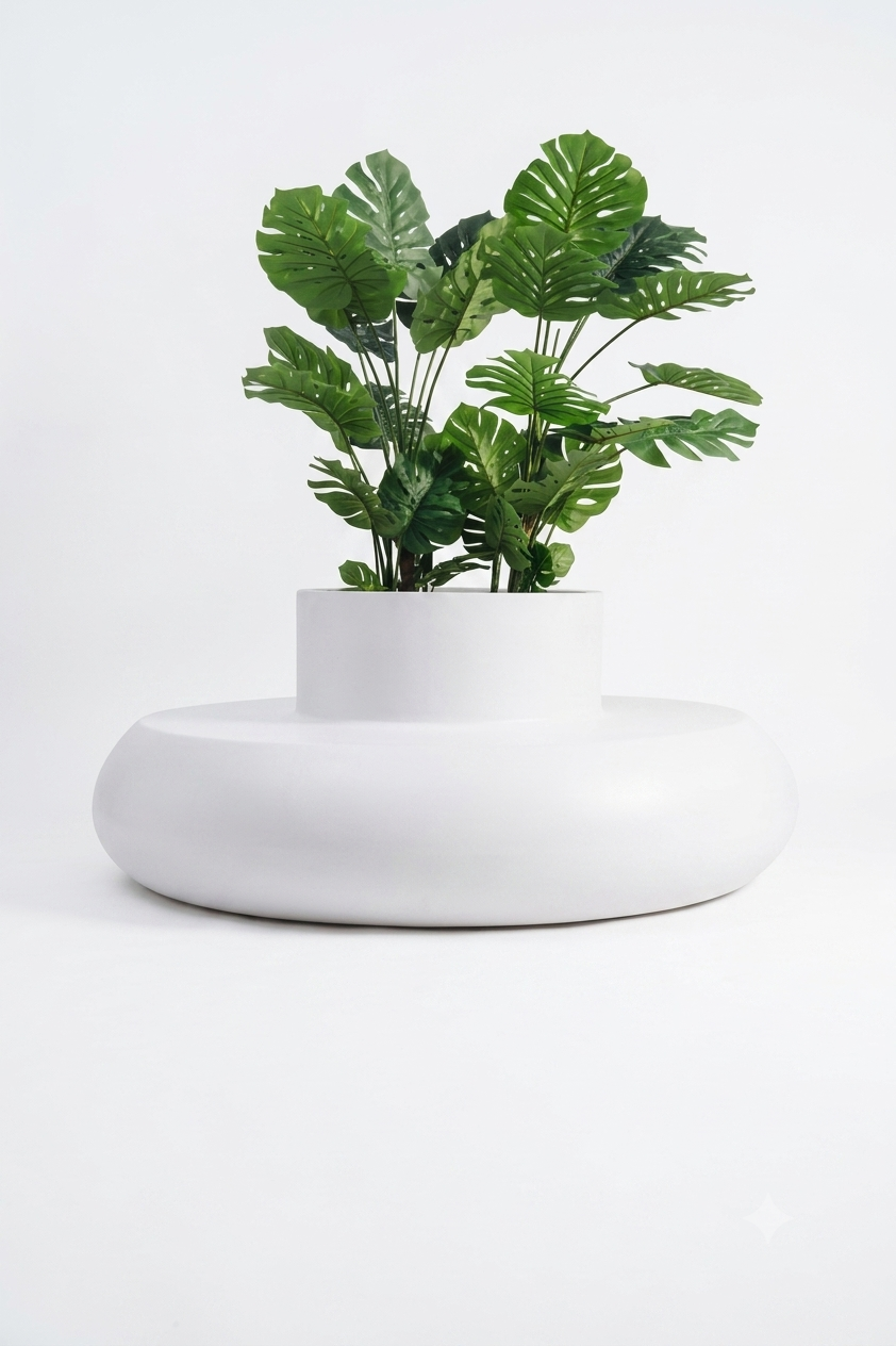 A green monstera and philodendron plant in a white cylindrical pot set on a round white pedestal base, photographed against a clean white studio background.