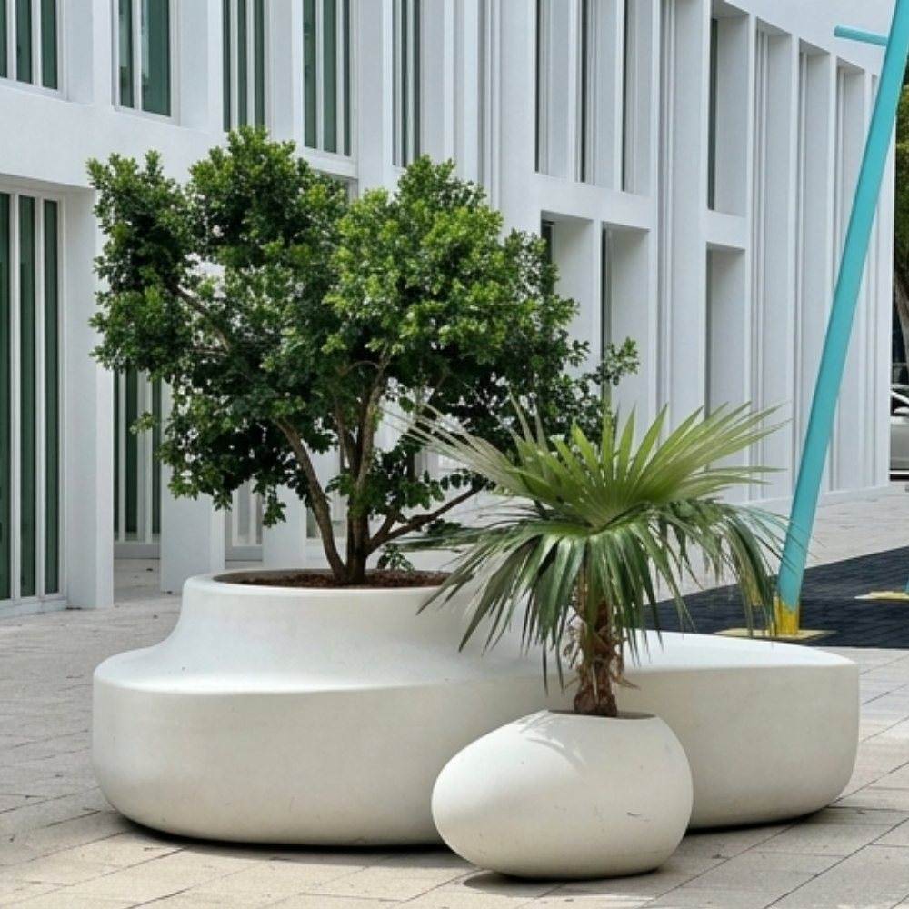 Curve White Fiberglass Twin Planter – Sculptural Modern Outdoor Planter Made in UAE