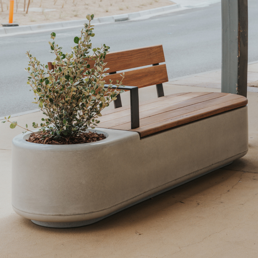 Outdoor Fiberglass Planter Bench with Wooden Backrest – Modern Garden Seating Made in UAE